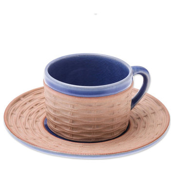 NOVICA Wicker In Blue And Ceramic Cup And Saucer
