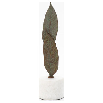 Falling Leaves Sculpture, Antiqued Brass Finish on White Marble, Small