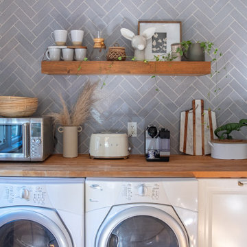 Laundry Corner with Grey Herringbone Brick Backsplash