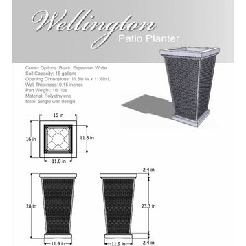 16"W x 16"D x 28"H Wellington Tall Planter Box, Black