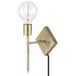 Globe Electric - Novogratz x Globe FlatIron 1-Light Antique Brass Plug-In/Hardwire Wall Sconce - With a sleek diamond shape backplate, a tapered arm and open socket construction, the FlatIron Wall Sconce is the epitome of mid-century modern design. The classic wall light design is modernized with a non-traditional brass finish that accents the bulb of your choice. Imagine an oversized bulb sitting a-top the sconce flanking either side of your bed - how romantic! Or, imagine using a classic vintage Edison bulb and placing this in your living room for the perfect vintage look. The choice is yours and the options are endless. Decorate with the Novogratz and Globe Electric - lighting made easy.