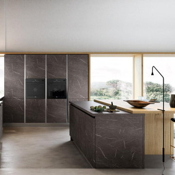 Modern kitchen with wood and marble look cabinet finish