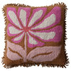 Cotton Punch Hook Pillow With Flower and Fringe, Brown, Pink and Natural