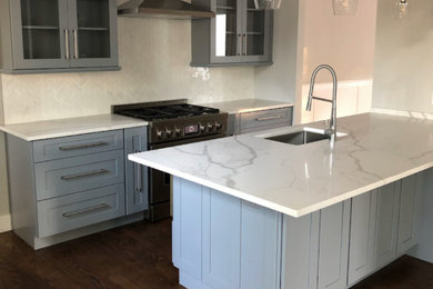 Eat-in kitchen - traditional single-wall eat-in kitchen idea in New York with gray cabinets, quartzite countertops and an island