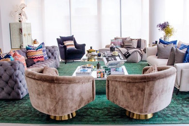 Inspiration for a large eclectic enclosed porcelain tile living room remodel in Miami with white walls