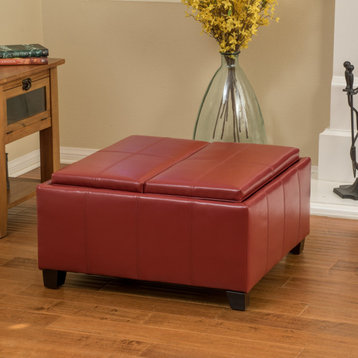 GDF Studio Justin Brown Leather Tray Top Storage Ottoman, Red