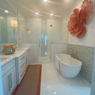 Stunning Bathroom with wavy tiles and penny round mosaic