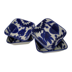 Le Souk Ceramique - Square Stoneware Pasta/Salad Bowls, Set of 4, Jinane Design - Serving And Salad Bowls