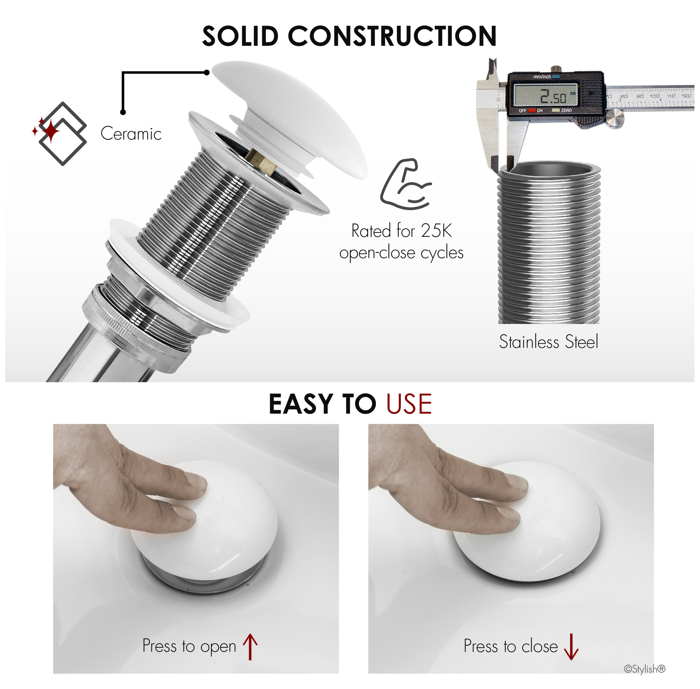 STYLISH Vessel Sink Pop-Up Drain with white ceramic cap without overflow