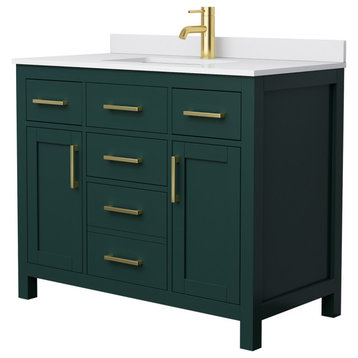 42" SGL Bathroom Vanity, Green, White Cult. Marble Countertop, Sink, Gold Trim