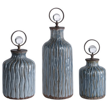 3-Piece Elegant Blue Gray Ribbed Ceramic Decorative Bottle Set