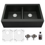 Karran USA - Karran Farmhouse Apron Front Quartz 34" Double Bowl Sink Kit, Black - This elegant farmhouse design with its deep 9-1/4" apron blends function and form beautifully, and will look stunning in your new kitchen. It is manufactured from an extremely durable quartz composite material that will provide decades of trouble-free use. This farmhouse design is available in a choice of 6 elegant color choices to compliment any decor.
