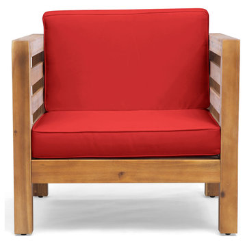 Louise Outdoor Acacia Wood Club Chair With Cushion, Red