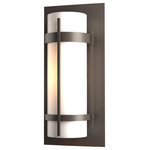 Hubbardton Forge - Banded Outdoor Sconce, Coastal Dark Smoke Finish - Opal Glass - A clean, sleek design that evokes dreams of the Far East is the hallmark of our Banded Collection. True to the collection's name, two handcrafted metal bands, intersected by a bold, vertical bar, encircle the glass and fasten to an aluminum mounting plate.
