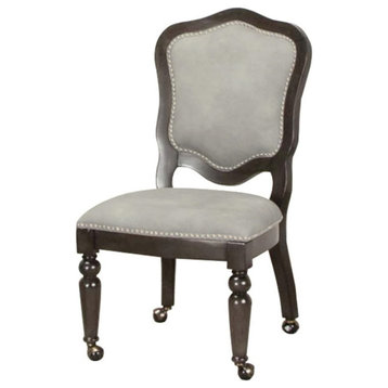 Transitional Armless Dining Chair, Padded Seat With Nailhead Trim & Wheels, Gray