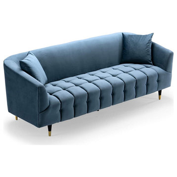 Elegant Sofa, Gold Tipped Legs & Channel Tufted Seat With Shelter Arms, Teal