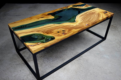 Madre Cacao Live Edge Wood Slab with Blue Glass River Coffee Table
