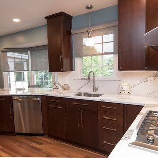 Mid-sized contemporary kitchen pantry remodeling - Mid-sized trendy l-shaped kitchen pantry photo in Baltimore with a single-bowl sink, flat-panel cabinets, dark wood cabinets, quartz countertops, white backsplash, stainless steel appliances and white countertops