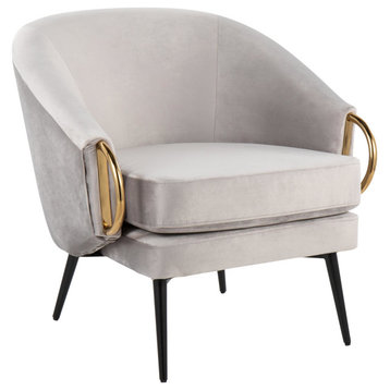 Claire Accent Chair, Black Steel, Silver Velvet, Gold Steel Accents