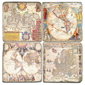 Tumbled Marble Coaster St/4 With Coaster Stand, World Maps