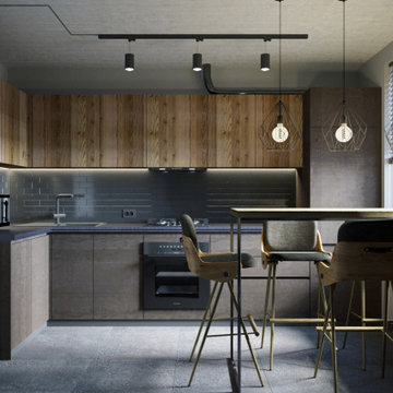 Grey loft kitchen with wood