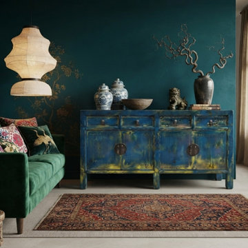 Distressed Bright Blue Oriental Sideboard Credenza Console Table Cabinet ws5014