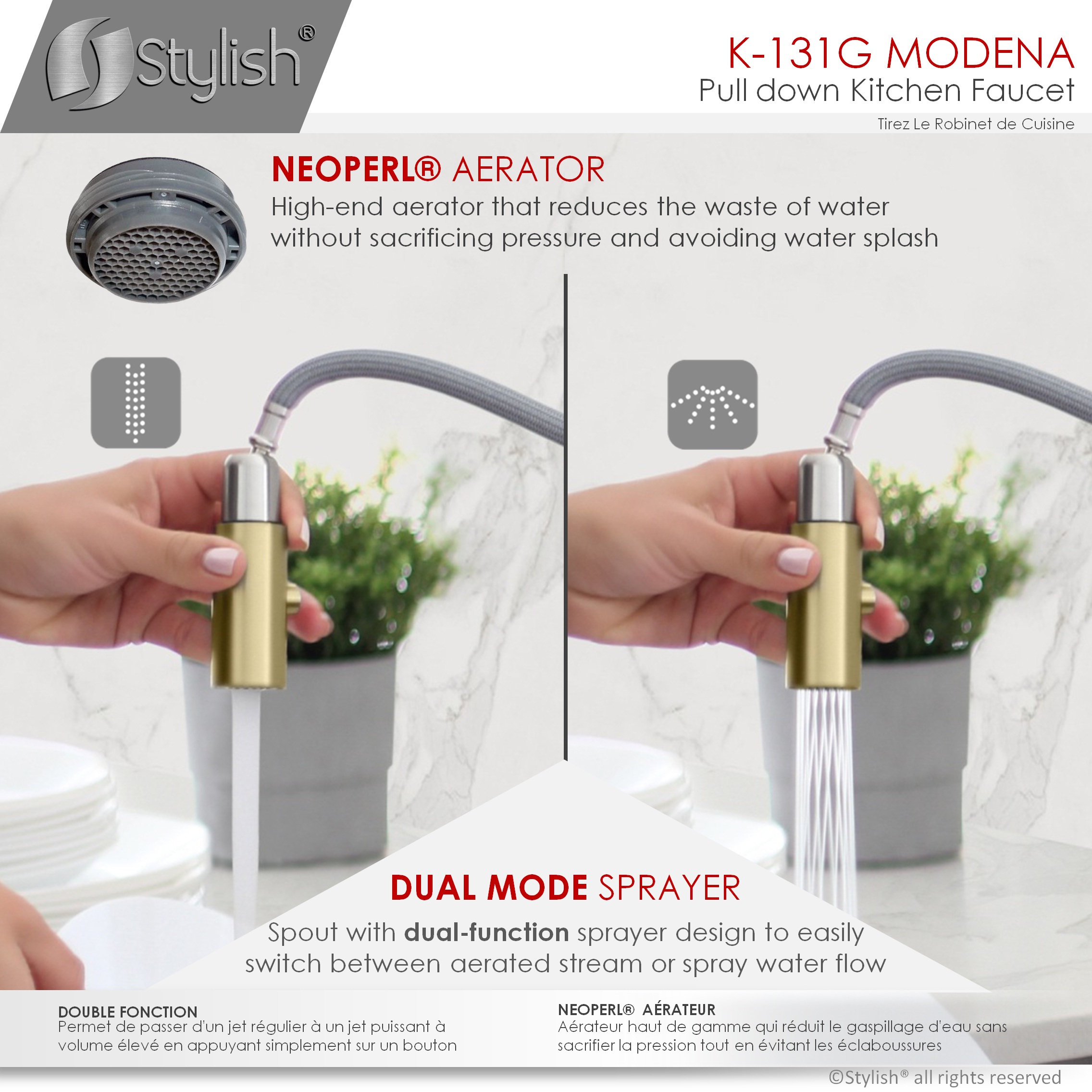 STYLISH Modern Single Handle  Pull down Sprayer  Kitchen Faucet in Gold Finish