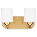 Generation Lighting - Windom 2-Light Bathroom Vanity Light in Satin Brass - Windom blends traditional design aesthetics with a touch of contemporary appeal. Etched Opal glass sits atop the graceful curving arms giving this family its transitional style. Available in five finishes. The Sea Gull Collection Windom two light vanity fixture in Satin Brass offers shadow-free lighting in your powder room, spa, or master bath room.  This light requires 2 , 75 Watt Bulbs (Not Included) UL Certified.