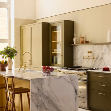 Shaker Kitchen with Marble Countertops and Island in East London