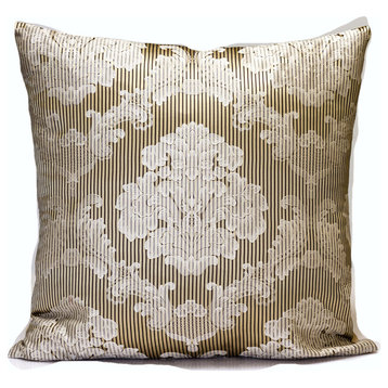 Silk Throw Pillow Cover In Ivory And Gold, 24"x24"