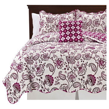 Paisley Flower Reversible Quilted 4 Piece Bedspread Sets, Purple, King