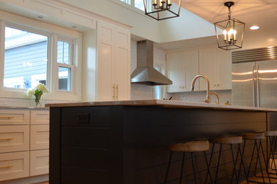 Large trendy medium tone wood floor eat-in kitchen photo in Other with a farmhouse sink, recessed-panel cabinets, blue cabinets, stainless steel appliances and an island