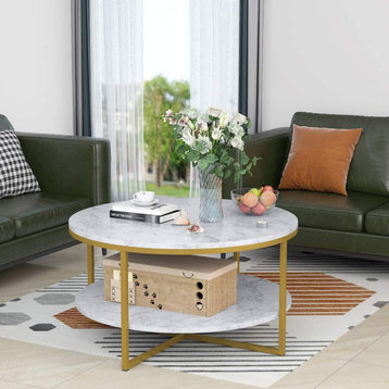 Round Coffee Table Modern Faux Marble Style with Gold Metal Legs