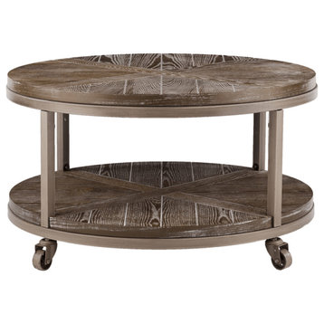 32" Brown Rustic and Distressed Round Two Tier Rolling Coffee Table