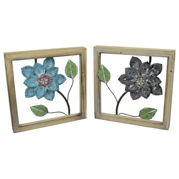 2 Piece Sculpted Metal Flowers Wall Hanging Set With Wooden Frames