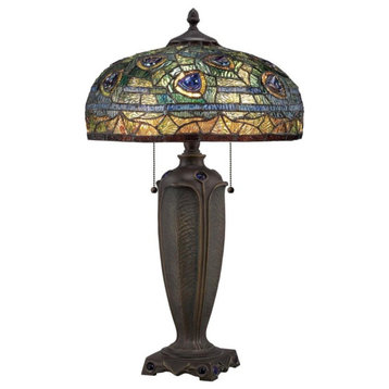Peacock Style 2-Light Tiffany Table Lamp Authentic Bronze Patina Base 15.5