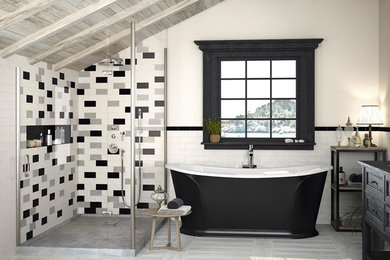 Bathroom - mid-sized modern 3/4 gray tile and ceramic tile light wood floor and brown floor bathroom idea in Austin with open cabinets, gray cabinets, gray walls, a vessel sink, solid surface countertops and a hinged shower door