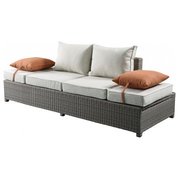 83"x31"x26" Beige Fabric And Gray Wicker Patio Sofa And Ottoman Set