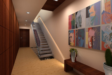 Foto de recibidores y pasillos modernos con paredes blancas y suelo de madera clara