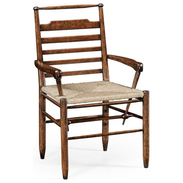 Dark Oak Ladder Back Country Chair With Rush Seat, Arm