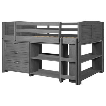 Donco Kids Louver Twin Solid Wood Low Loft with Storage in Antique Gray