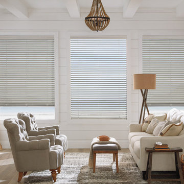 Coastal Grey Living Room Custom Window Blinds by Hunter Douglas