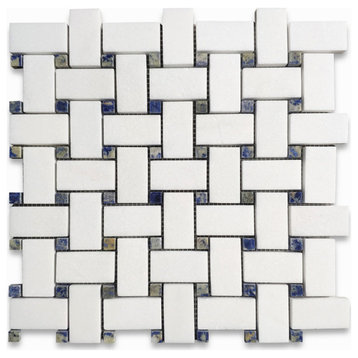Thassos White Marble 1x2 Basketweave Mosaic Tile Azul Blue Dot Polish, 1 sheet