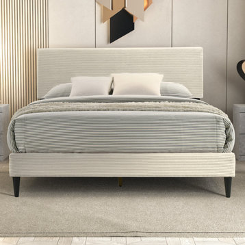 Bayson Towel Wood Frame Full Platform Bed with Headboard, Towel Cream