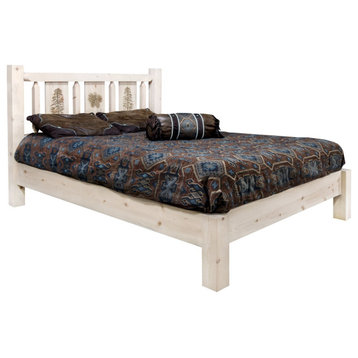 Twin Platform Bed With Laser Engraved Pine Tree Design, Clear Lacquer