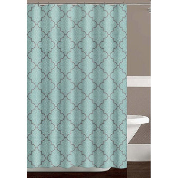 Aqua Blue Gray White Fabric Shower Curtain: Damask Design