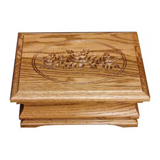 Amish ROSES Engraved Desk Oak Jewelry Box With Tray, Mirror Lined
