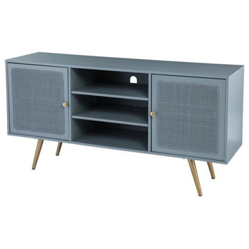 Mid Century TV Stand, Angled Golden Legs, 2 Doors With Woven Rattan Front, Blue