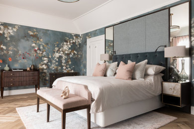 Design ideas for a traditional grey and pink bedroom in Sussex.