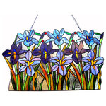 CHLOE Lighting - Ariana, Tiffany-Glass Iris Window Pane 24' Wide - This hand crafted Tiffany style iris floral design window panel/suncather will brighten up any room. The beautiful blue, purple, pink, amber and green color art glass will add color and beauty to any setting.